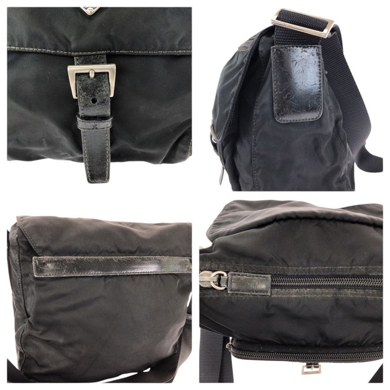 Prada Tessuto Black Silver Nylon Leather Shoulder Bag
