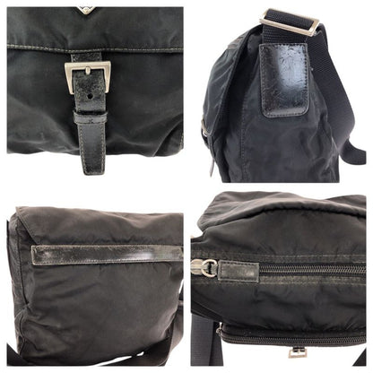 Prada Tessuto Black Silver Nylon Leather Shoulder Bag