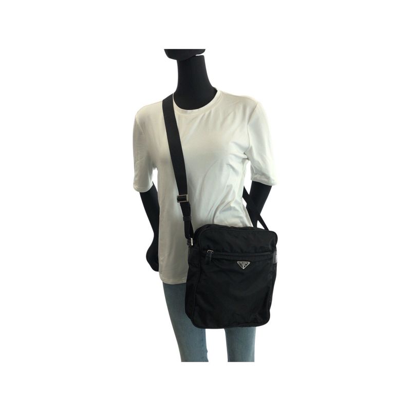 Prada Tessuto Black Silver Nylon Shoulder Bag Pochette