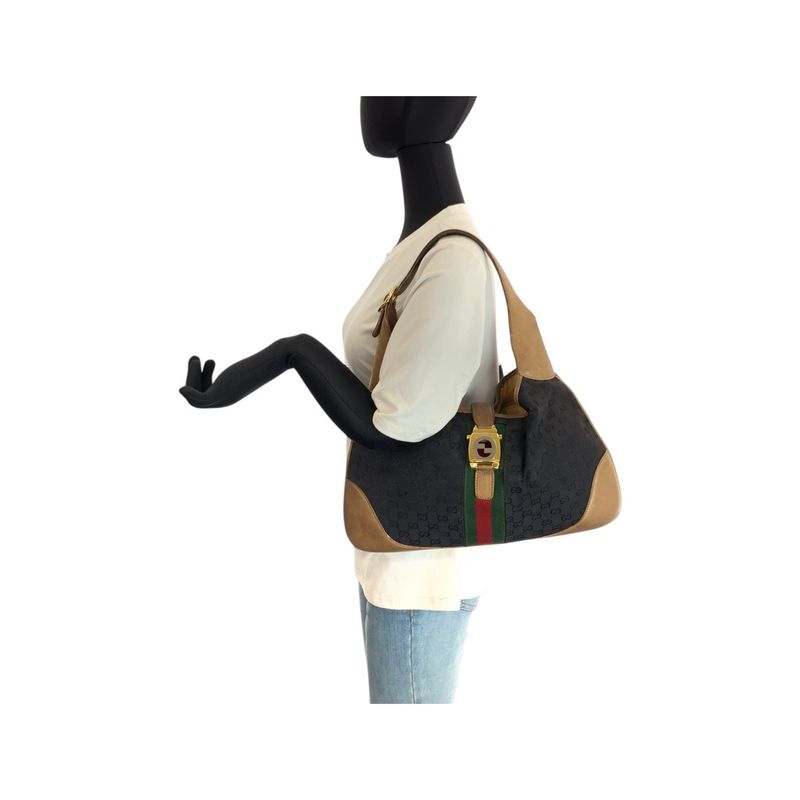 Gucci Sherry Line Black Brown Gold GG Canvas Leather Shoulder Bag Hobo