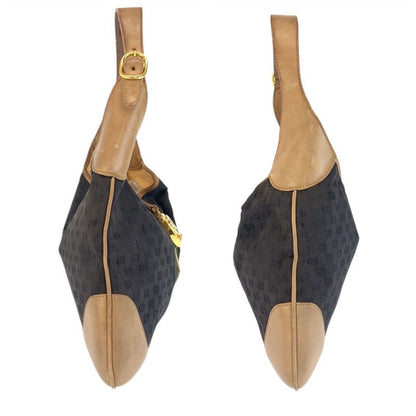 Gucci Sherry Line Black Brown Gold GG Canvas Leather Shoulder Bag Hobo