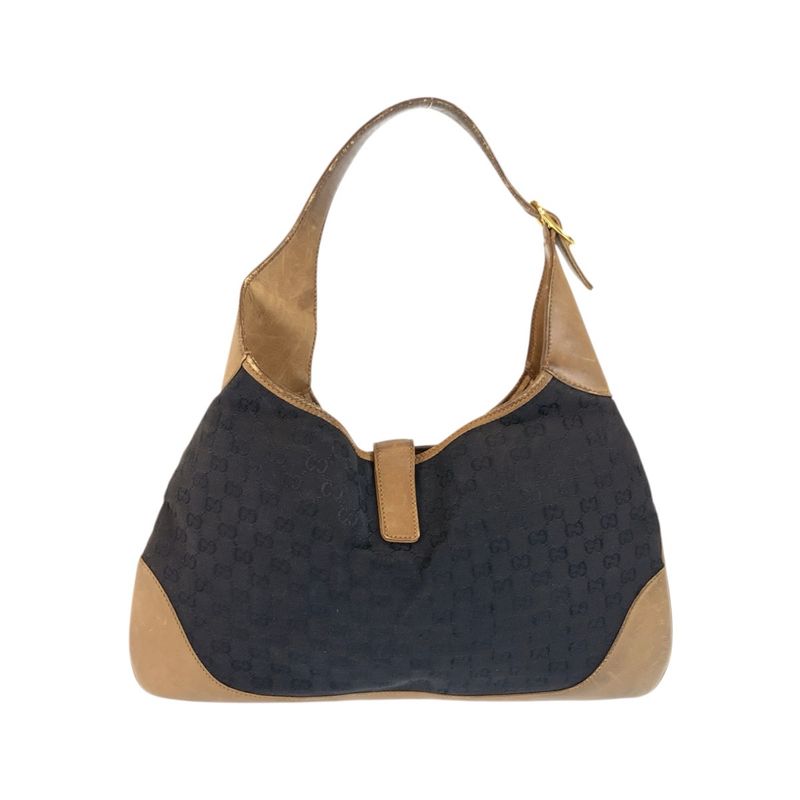Gucci Sherry Line Black Brown Gold GG Canvas Leather Shoulder Bag Hobo