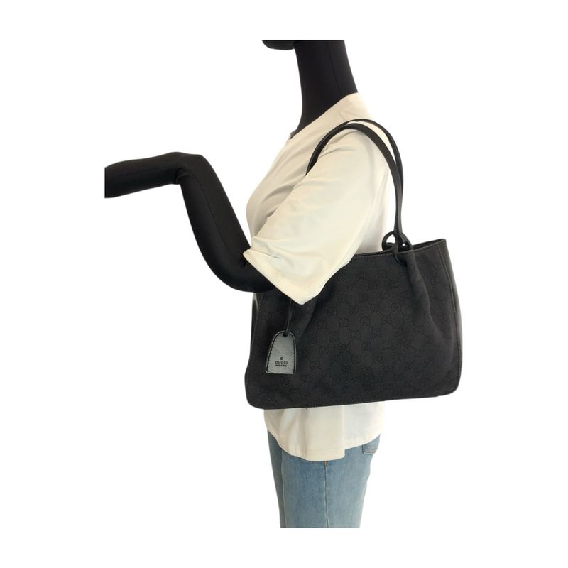Gucci Black GG Canvas Leather Tote Shoulder Bag