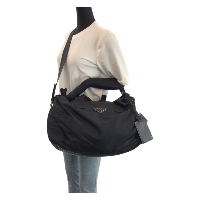 Prada Tessuto Black Silver Nylon Boston Bag