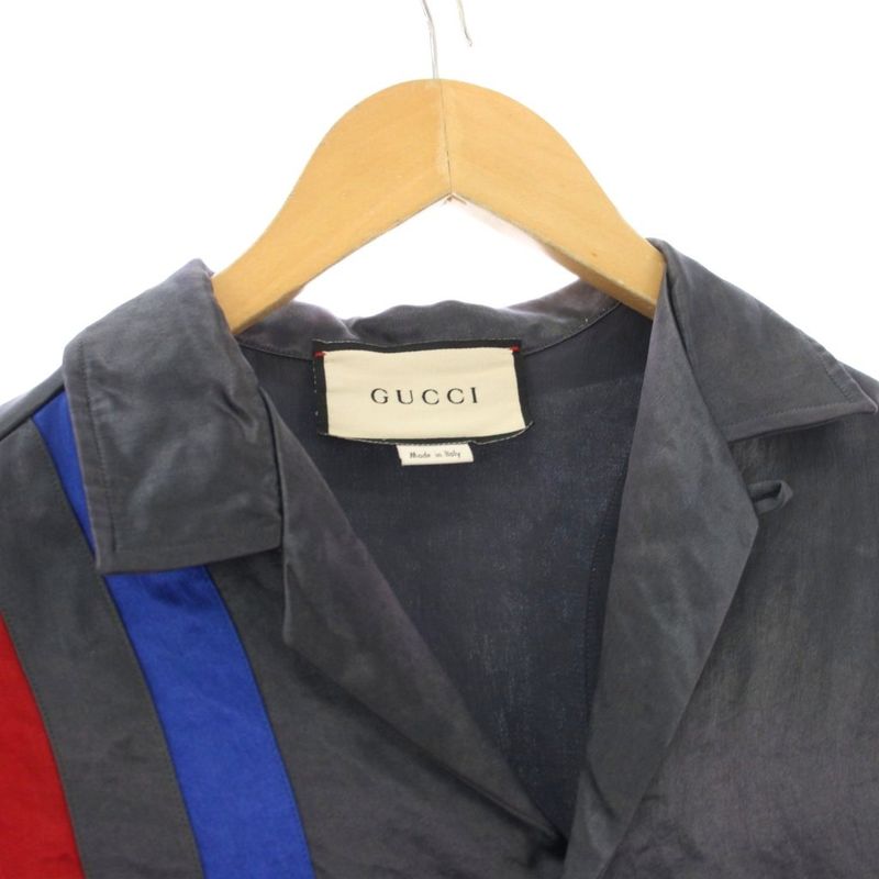 Gucci Bowling Shirt 44 Navy Open Collar Short Sleeve Embroidery YM