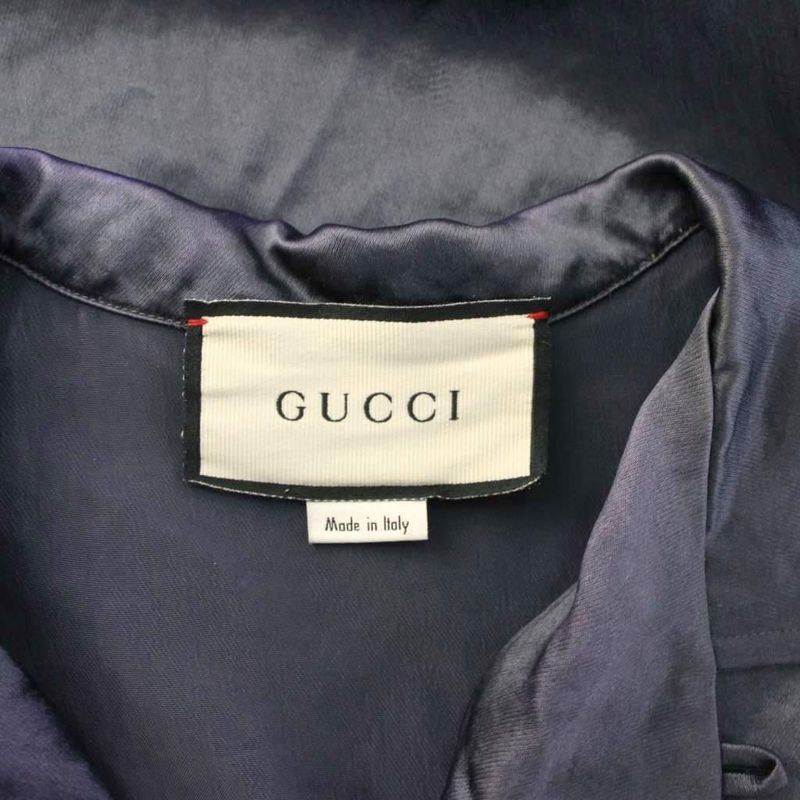 Gucci Bowling Shirt 44 Navy Open Collar Short Sleeve Embroidery YM