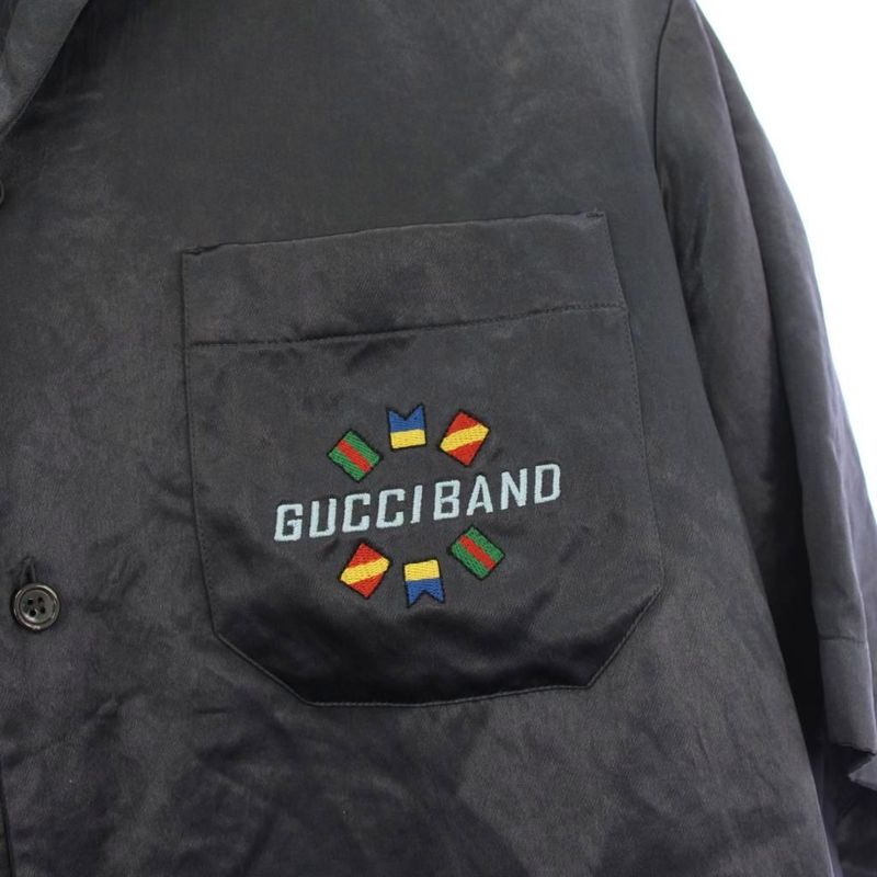 Gucci Bowling Shirt 44 Navy Open Collar Short Sleeve Embroidery YM
