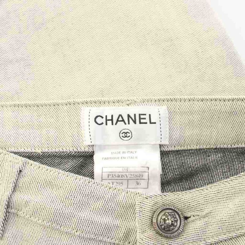 Chanel Denim Pants Jeans CC Logo 36 Light Gray White Slim YM