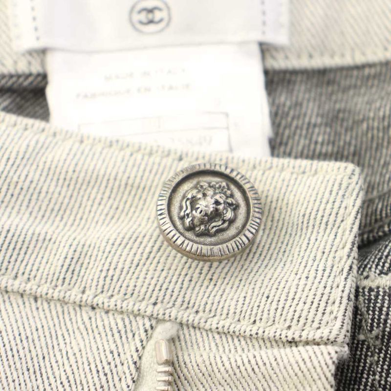 Chanel Denim Pants Jeans CC Logo 36 Light Gray White Slim YM