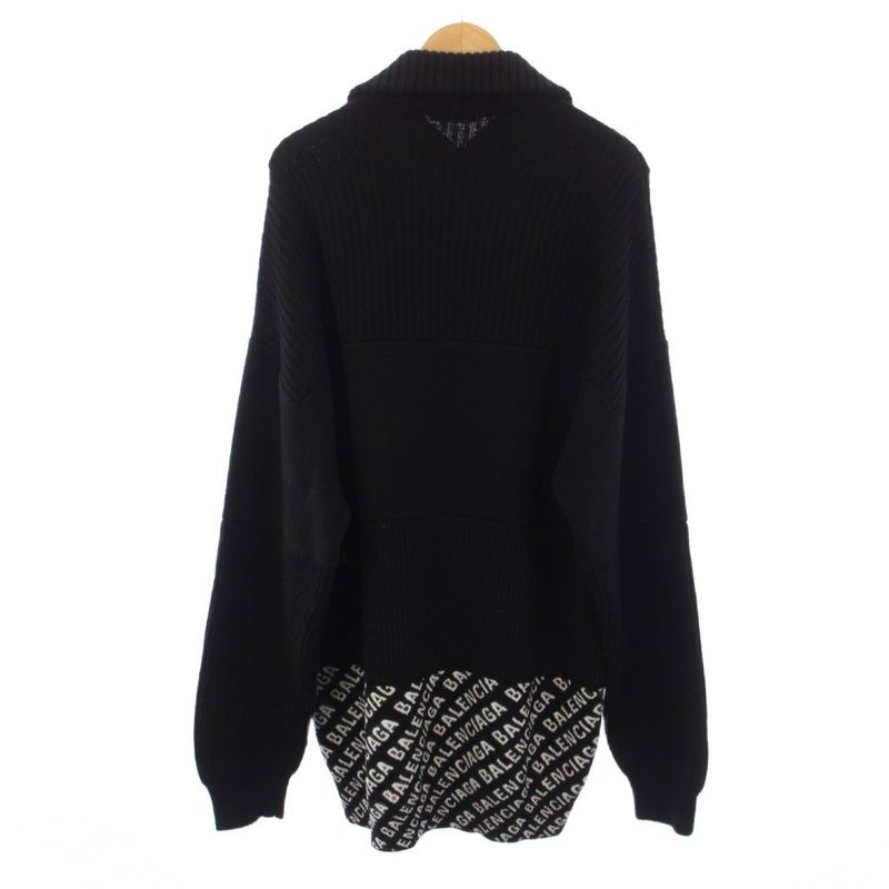 Balenciaga Logo Allover Pattern Contrast Half Zip Knit Sweater Wool S Black