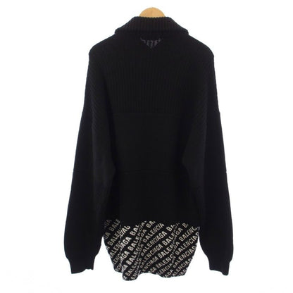 Balenciaga Logo Allover Pattern Contrast Half Zip Knit Sweater Wool S Black