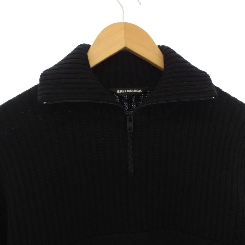 Balenciaga Logo Allover Pattern Contrast Half Zip Knit Sweater Wool S Black