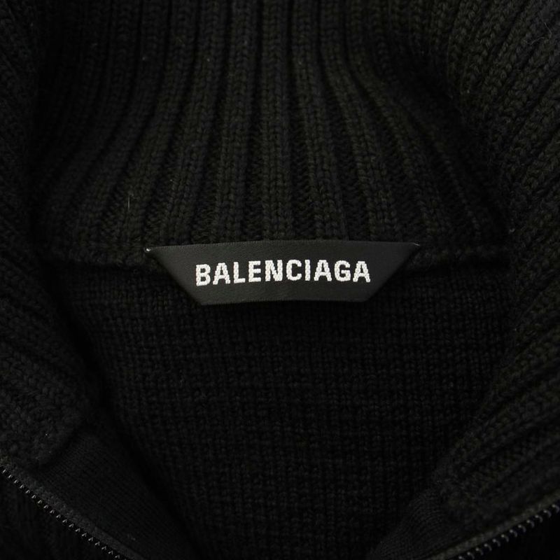 Balenciaga Logo Allover Pattern Contrast Half Zip Knit Sweater Wool S Black