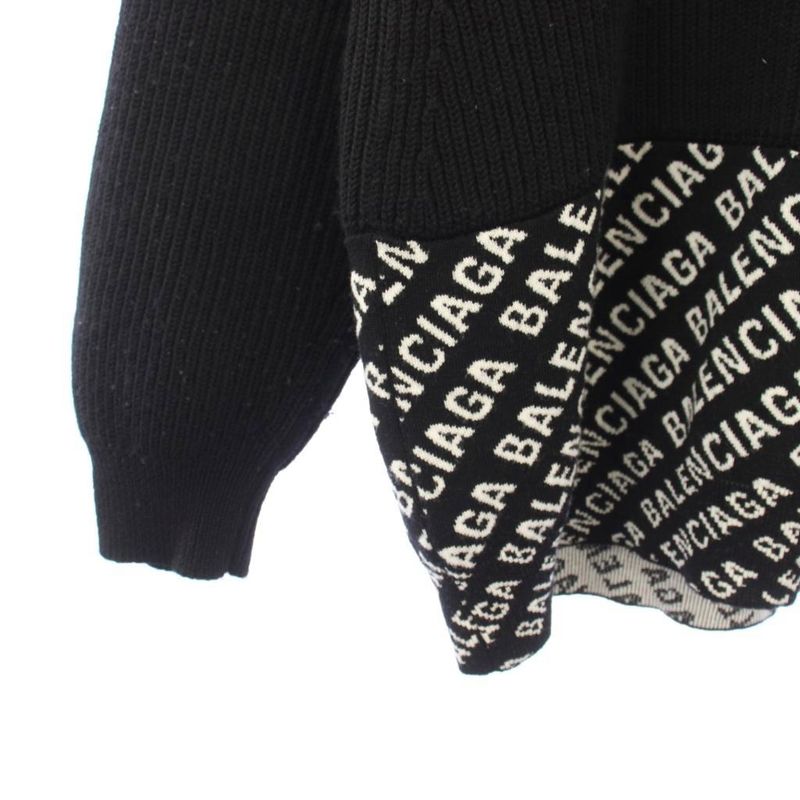 Balenciaga Logo Allover Pattern Contrast Half Zip Knit Sweater Wool S Black