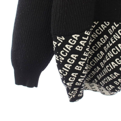 Balenciaga Logo Allover Pattern Contrast Half Zip Knit Sweater Wool S Black