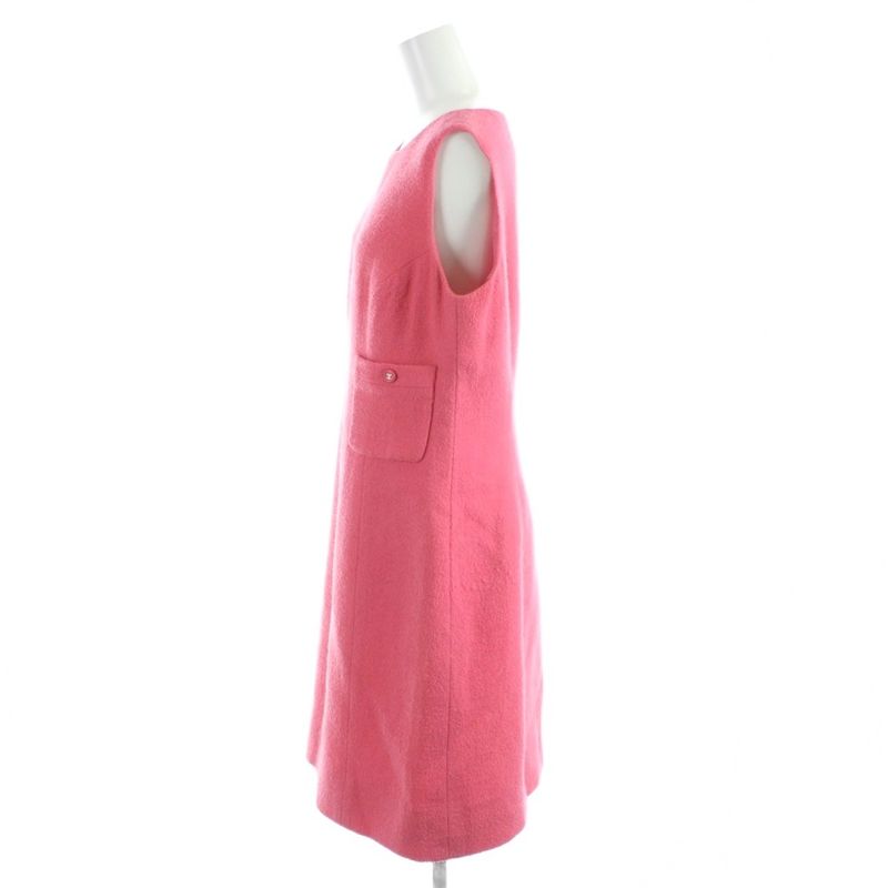 Chanel Vintage Sleeveless Dress Knee Length Tweed CC Logo Button Wool Pink MW