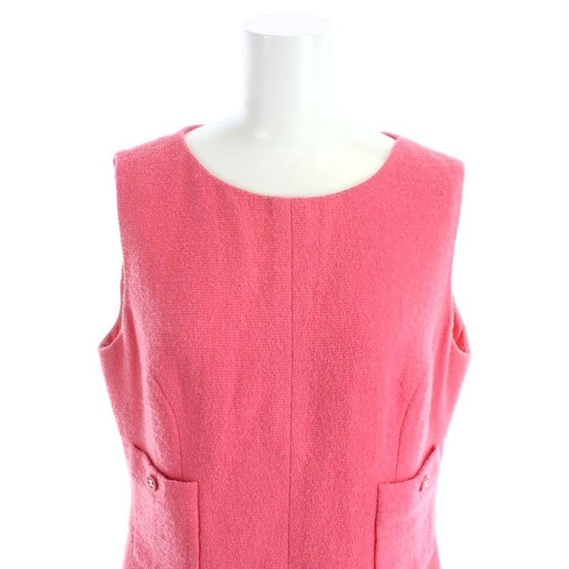 Chanel Vintage Sleeveless Dress Knee Length Tweed CC Logo Button Wool Pink MW