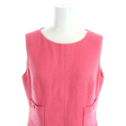 Chanel Vintage Sleeveless Dress Knee Length Tweed CC Logo Button Wool Pink MW
