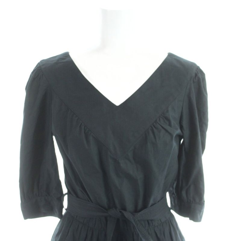 Chanel Dress Long Short Sleeve Gathered Cotton 36 Black MW