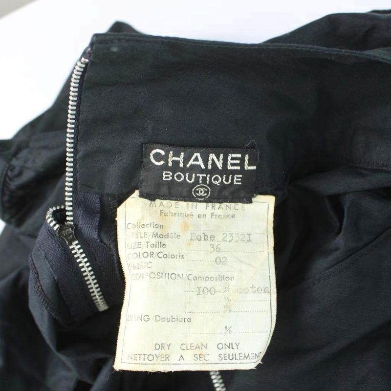 Chanel Dress Long Short Sleeve Gathered Cotton 36 Black MW