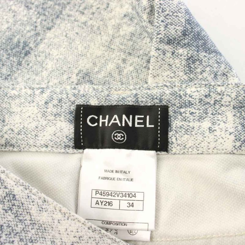 Chanel Stretch Cotton Pants Cropped 34 Blue White or Calf Pattern YM
