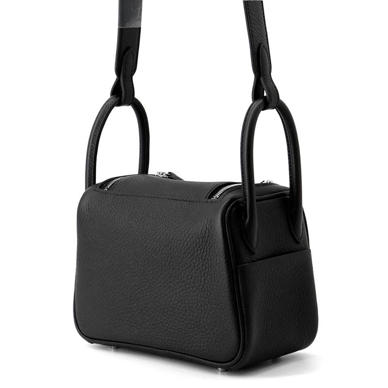 Hermes Lindy Mini Black Silver Taurillon Clemence 2-Way Handbag