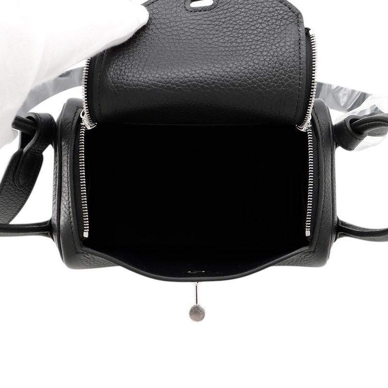 Hermes Lindy Mini Black Silver Taurillon Clemence 2-Way Handbag