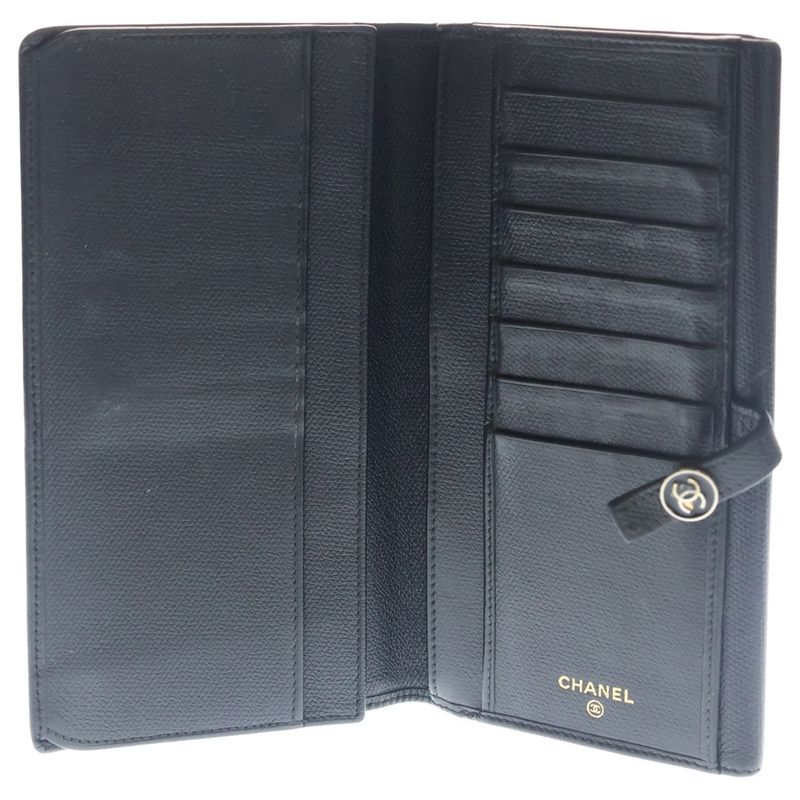 Chanel Coco Button Flap Leather Wallet Bifold Black