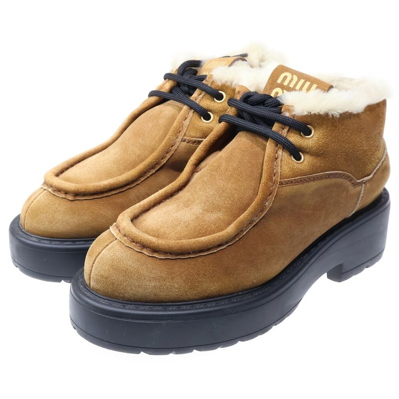 Miu Miu Lace Up Suede Leather Short Boots Brown