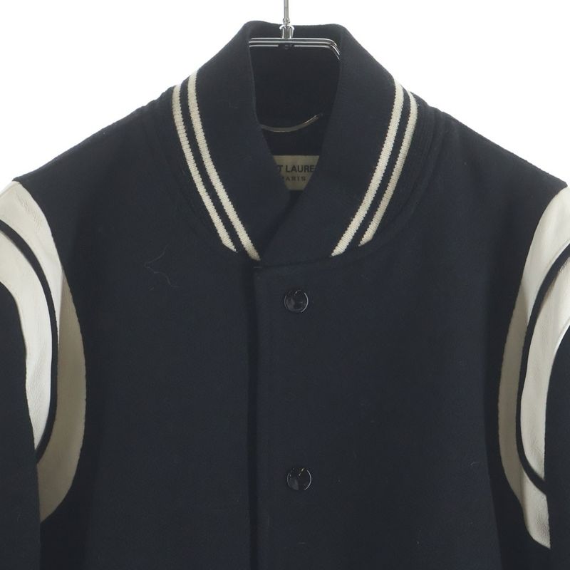 Saint Laurent Paris Teddy Jacket Leather Trim Wool Stadium Jumper Black
