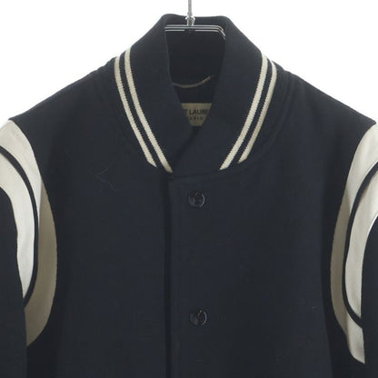 Saint Laurent Paris Teddy Jacket Leather Trim Wool Stadium Jumper Black