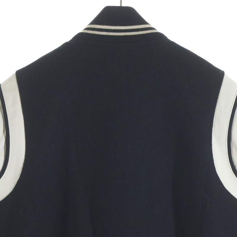 Saint Laurent Paris Teddy Jacket Leather Trim Wool Stadium Jumper Black