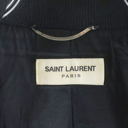 Saint Laurent Paris Teddy Jacket Leather Trim Wool Stadium Jumper Black