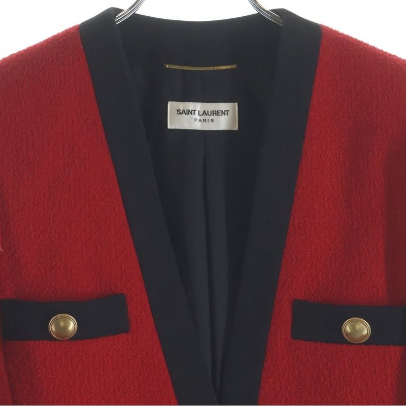 Saint Laurent Paris Tweed Collarless Jacket Red Black
