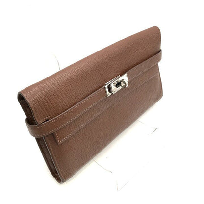 Hermes Kelly Wallet Brown Leather Coin Purse Card Case Silver Shikaku