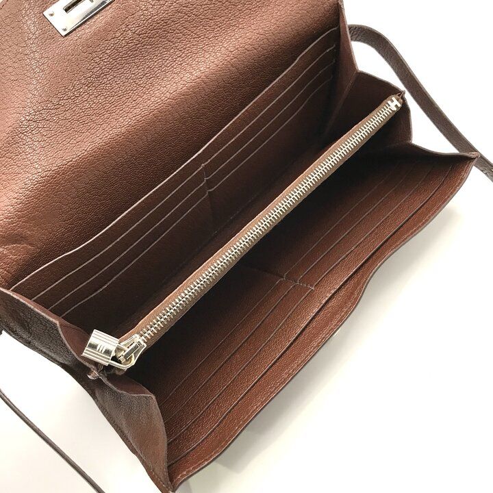 Hermes Kelly Wallet Brown Leather Coin Purse Card Case Silver Shikaku