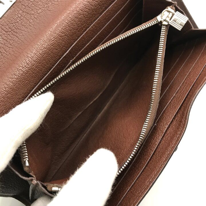 Hermes Kelly Wallet Brown Leather Coin Purse Card Case Silver Shikaku