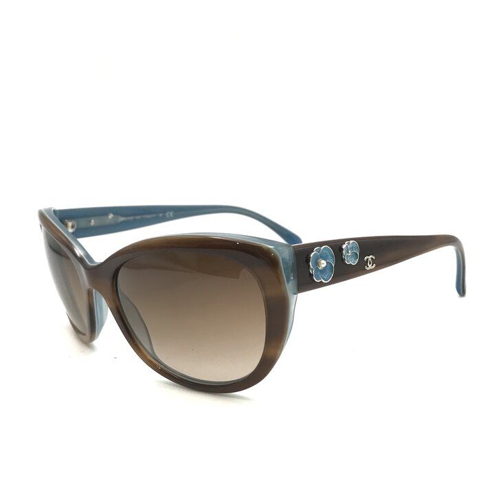 Chanel CC Logo Camellia Pearl Sunglasses Eyewear Blue Brown