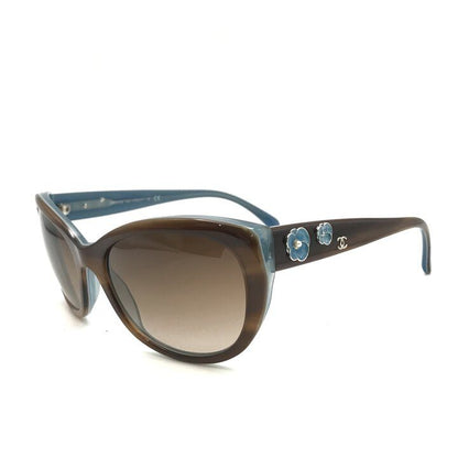 Chanel CC Logo Camellia Pearl Sunglasses Eyewear Blue Brown
