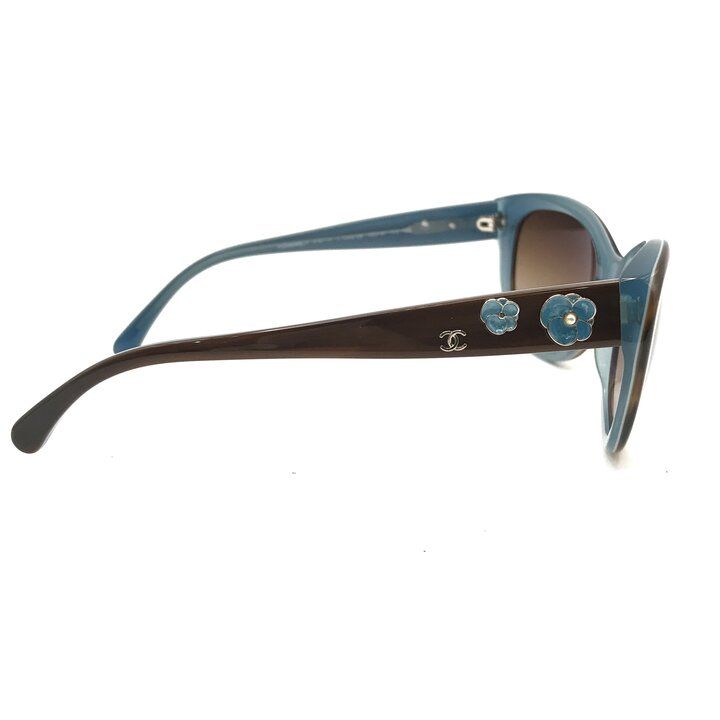 Chanel CC Logo Camellia Pearl Sunglasses Eyewear Blue Brown