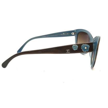 Chanel CC Logo Camellia Pearl Sunglasses Eyewear Blue Brown