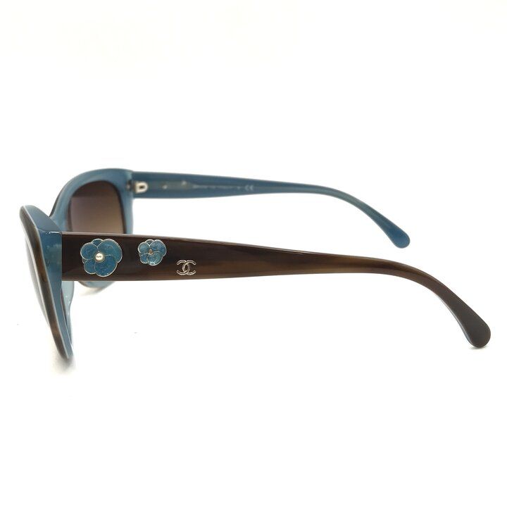 Chanel CC Logo Camellia Pearl Sunglasses Eyewear Blue Brown