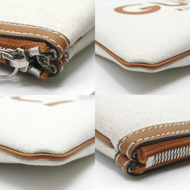 Gucci Clutch Logo Beige Handbag Wrist Strap Pouch Brown Silver