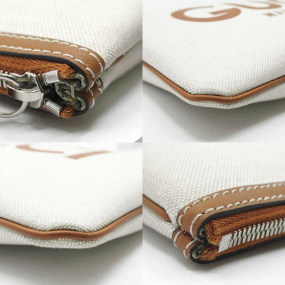 Gucci Clutch Logo Beige Handbag Wrist Strap Pouch Brown Silver