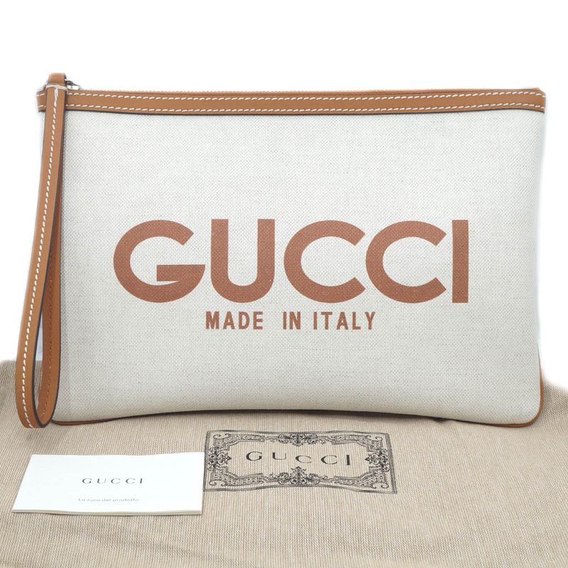 Gucci Clutch Logo Beige Handbag Wrist Strap Pouch Brown Silver