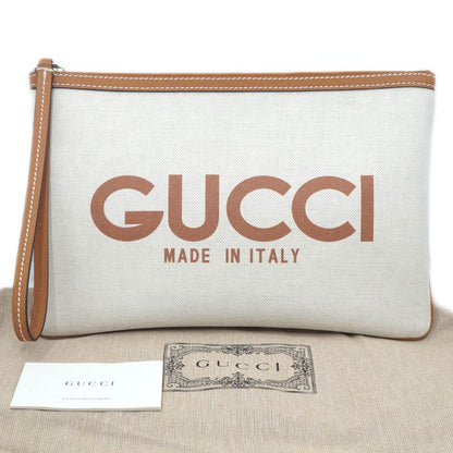 Gucci Clutch Logo Beige Handbag Wrist Strap Pouch Brown Silver