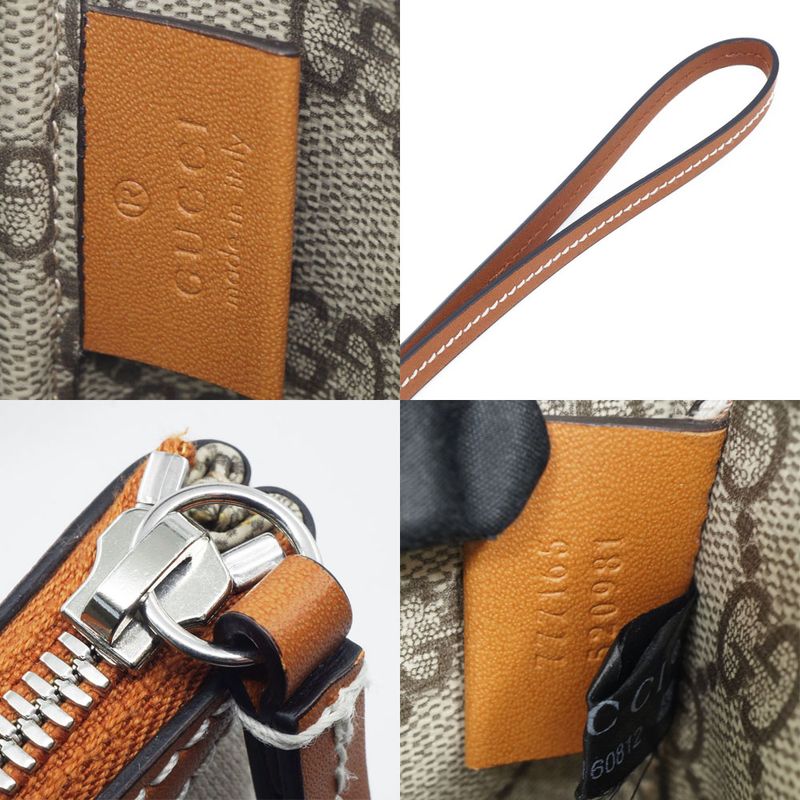 Gucci Clutch Logo Beige Handbag Wrist Strap Pouch Brown Silver