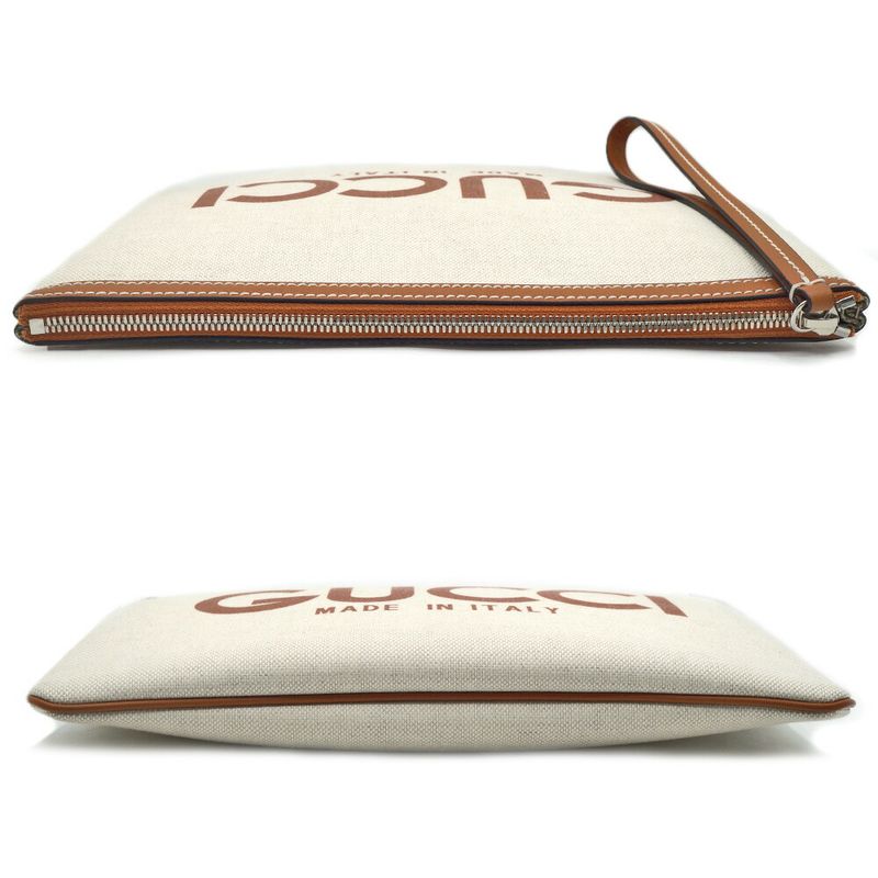 Gucci Clutch Logo Beige Handbag Wrist Strap Pouch Brown Silver