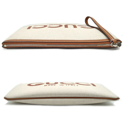 Gucci Clutch Logo Beige Handbag Wrist Strap Pouch Brown Silver