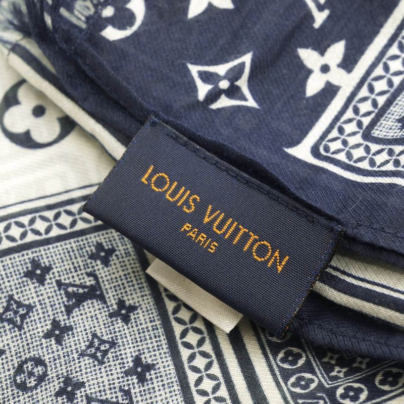 Louis Vuitton Etole Gang Ring Scarf Cotton Silk Navy White Shawl
